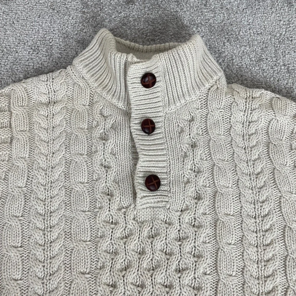 LL Bean Sweater Mens Medium Fisherman Cable Knit Cream Knot Button Mock Neck